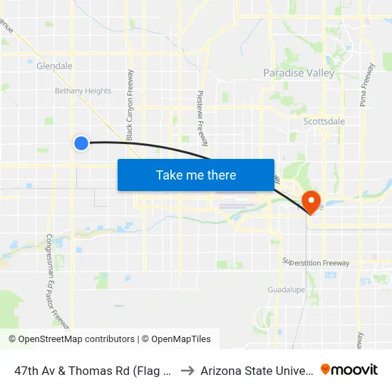 47th Av & Thomas Rd (Flag Zone) to Arizona State University map