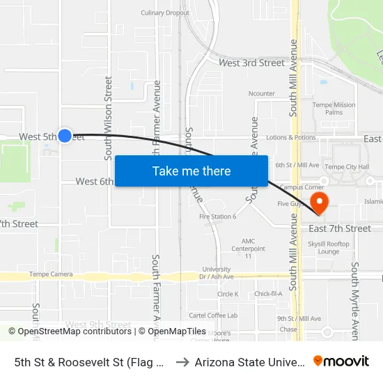 5th St & Roosevelt St (Flag Zone) to Arizona State University map