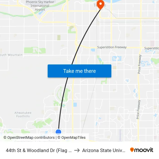 44th St & Woodland Dr (Flag Zone) to Arizona State University map