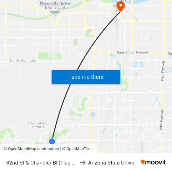 32nd St & Chandler Bl (Flag Zone) to Arizona State University map