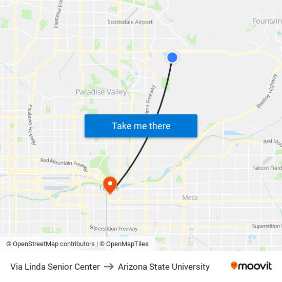Via Linda Senior Center to Arizona State University map