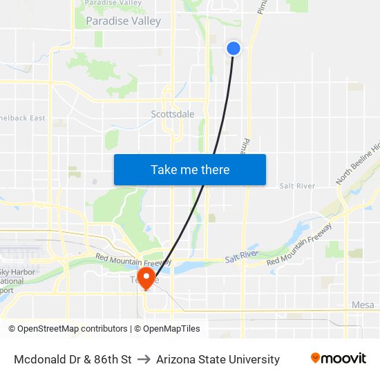 Mcdonald Dr & 86th St to Arizona State University map