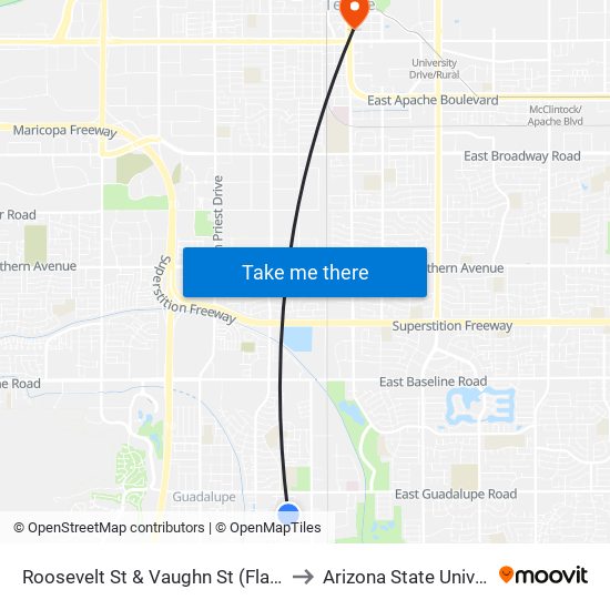 Roosevelt St & Vaughn St (Flag Zone) to Arizona State University map