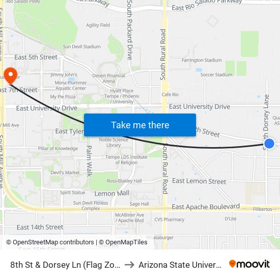 8th St & Dorsey Ln (Flag Zone) to Arizona State University map