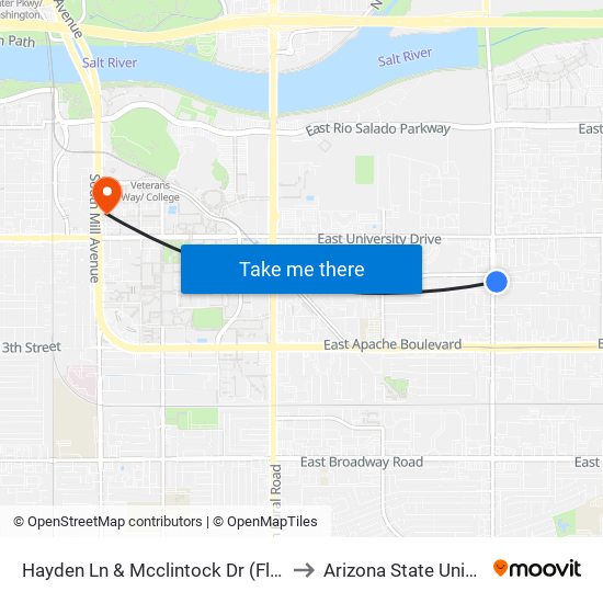 Hayden Ln & Mcclintock Dr (Flag Zone) to Arizona State University map