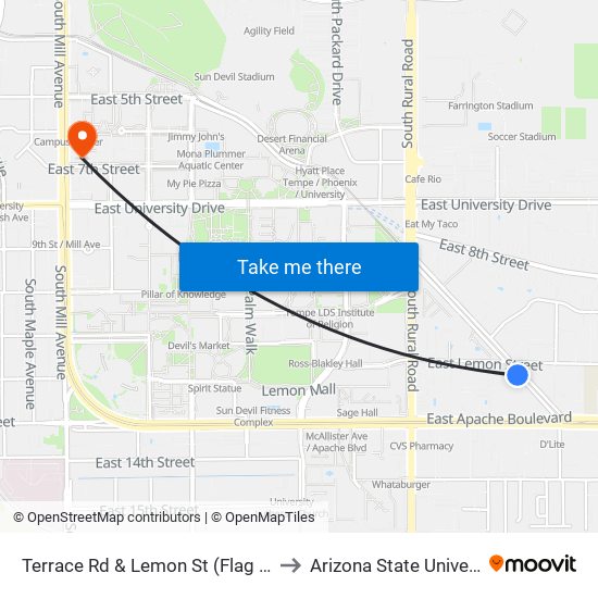 Terrace Rd & Lemon St (Flag Zone) to Arizona State University map