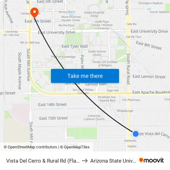 Vista Del Cerro & Rural Rd (Flag Zone) to Arizona State University map