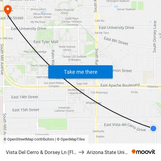 Vista Del Cerro & Dorsey Ln (Flag Zone) to Arizona State University map