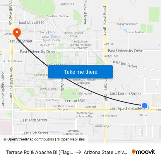 Terrace Rd & Apache Bl (Flag Zone) to Arizona State University map