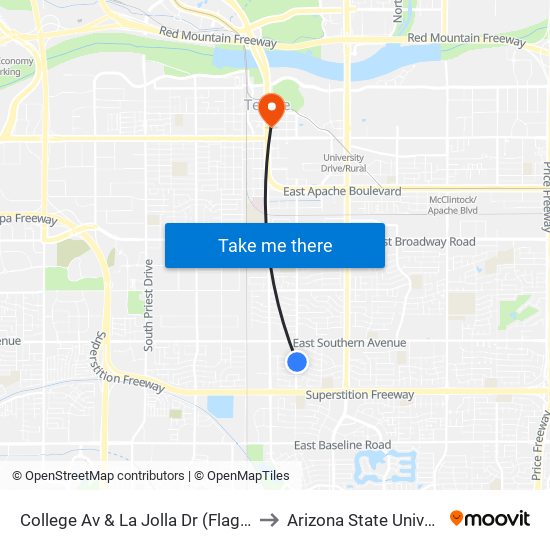 College Av & La Jolla Dr (Flag Zone) to Arizona State University map