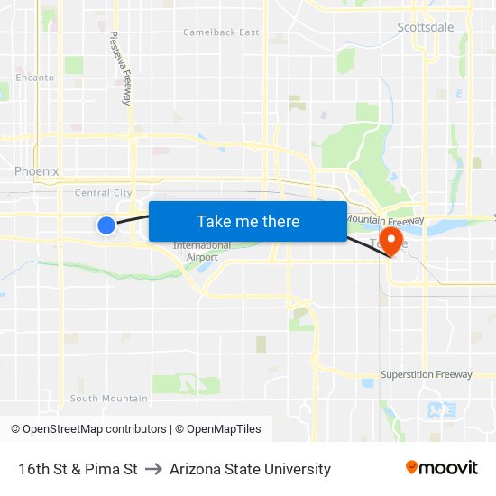 16th St & Pima St to Arizona State University map