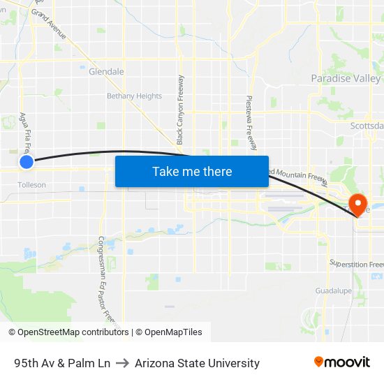 95th Av & Palm Ln to Arizona State University map