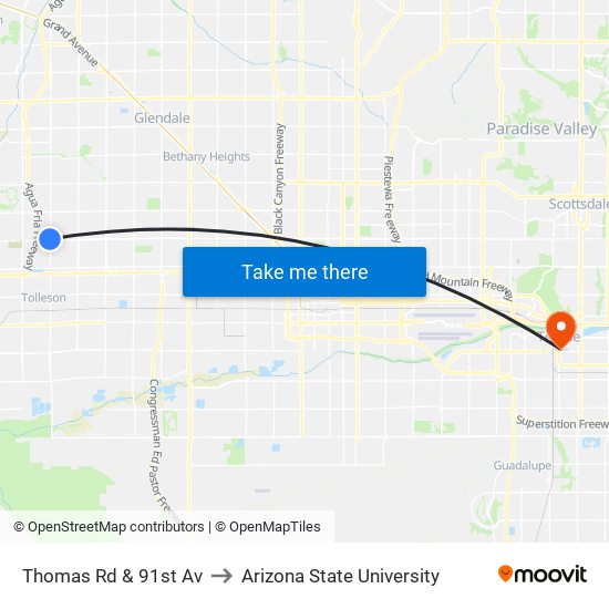 Thomas Rd & 91st Av to Arizona State University map