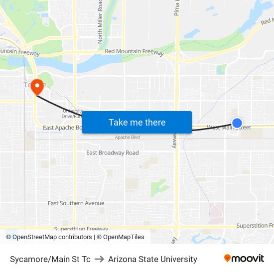 Sycamore/Main St Tc to Arizona State University map