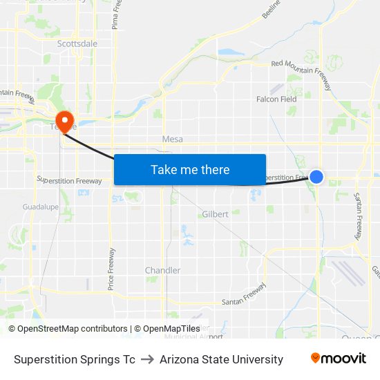 Superstition Springs Tc to Arizona State University map