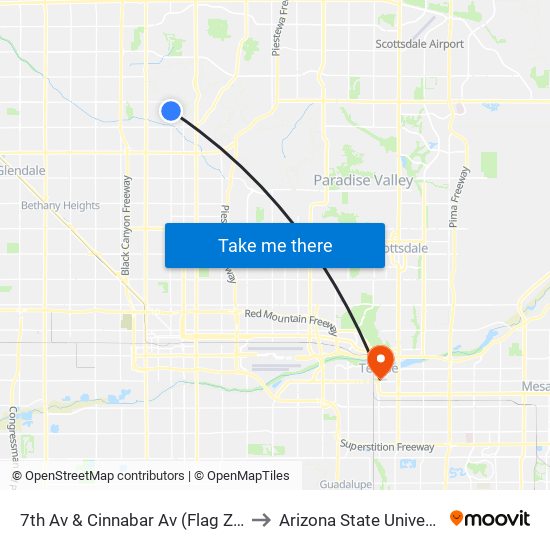7th Av & Cinnabar Av (Flag Zone) to Arizona State University map