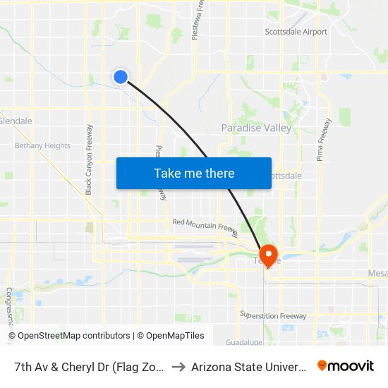 7th Av & Cheryl Dr (Flag Zone) to Arizona State University map