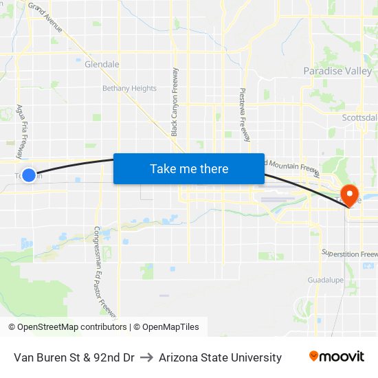 Van Buren St & 92nd Dr to Arizona State University map