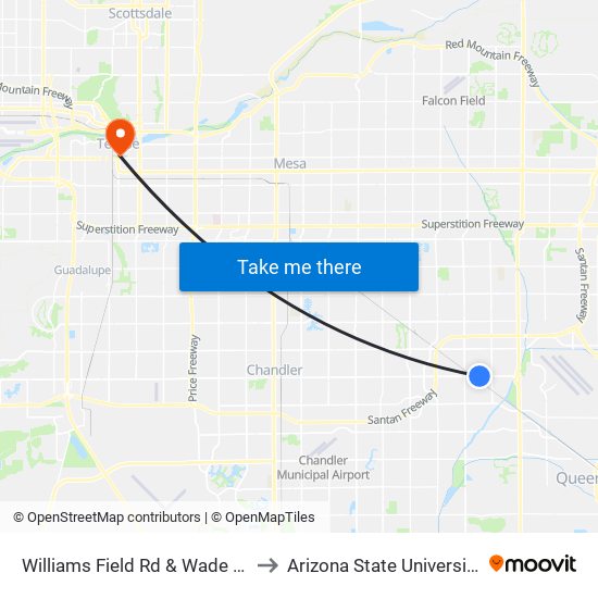 Williams Field Rd & Wade Dr to Arizona State University map