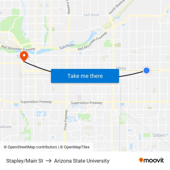 Stapley/Main St to Arizona State University map