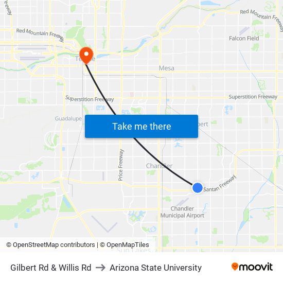Gilbert Rd & Willis Rd to Arizona State University map
