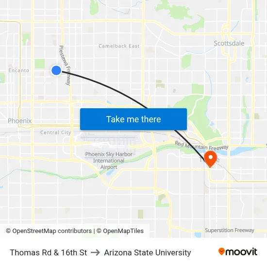 Thomas Rd & 16th St to Arizona State University map