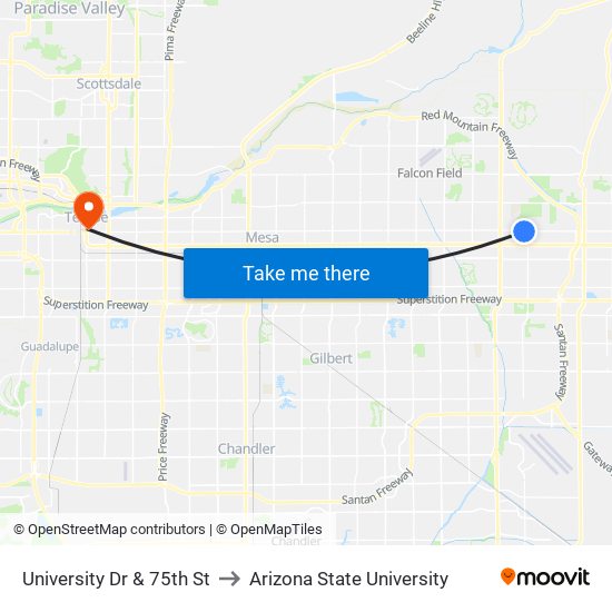 University Dr & 75th St to Arizona State University map