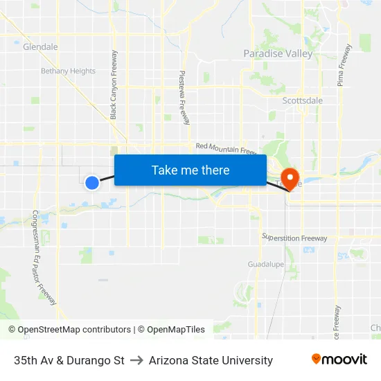 35th Av & Durango St to Arizona State University map