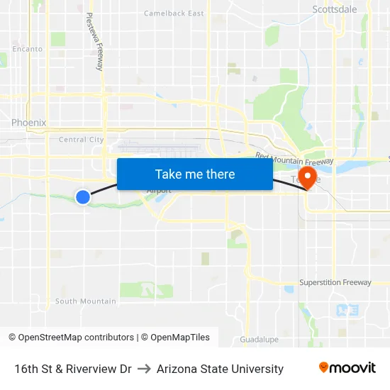16th St & Riverview Dr to Arizona State University map