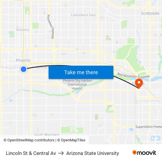 Lincoln St & Central Av to Arizona State University map