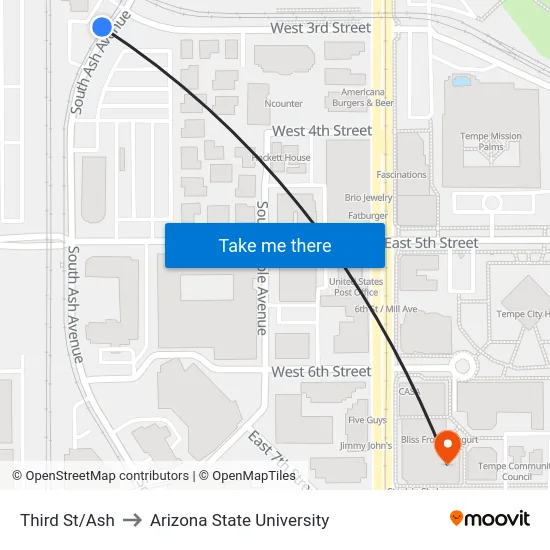 Third St/Ash to Arizona State University map