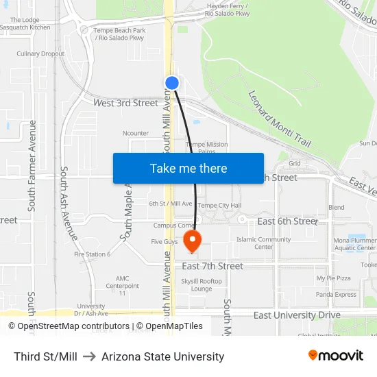 Third St/Mill to Arizona State University map