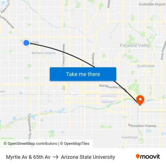 Myrtle Av & 65th Av to Arizona State University map