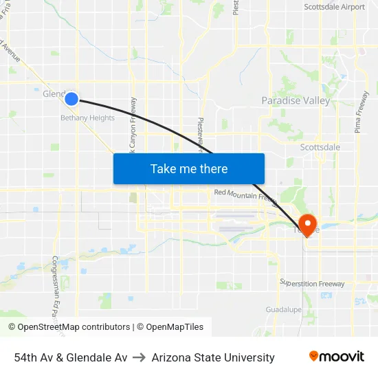 54th Av & Glendale Av to Arizona State University map