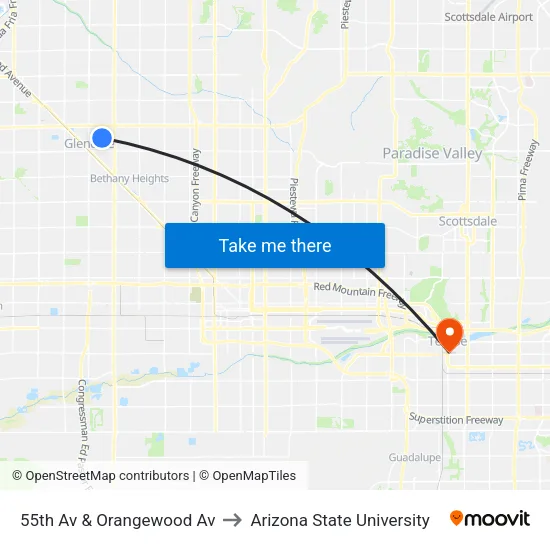 55th Av & Orangewood Av to Arizona State University map