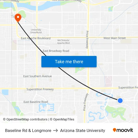Baseline Rd & Longmore to Arizona State University map