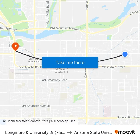 Longmore & University Dr (Flag Zone) to Arizona State University map