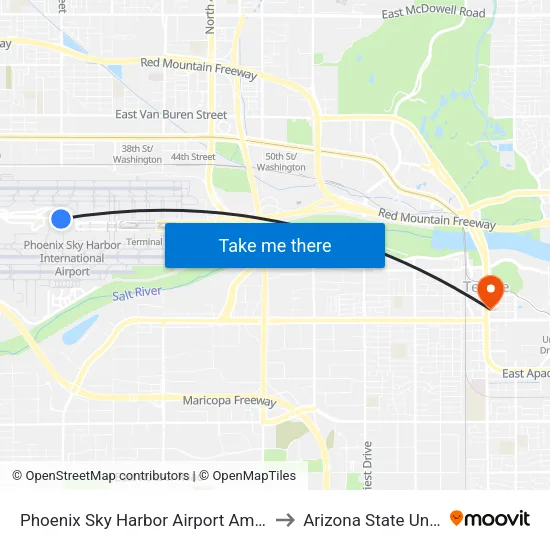 Phoenix Sky Harbor Airport Amtrak Station to Arizona State University map