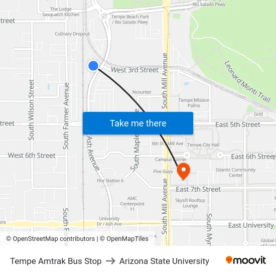 Tempe Amtrak Bus Stop to Arizona State University map