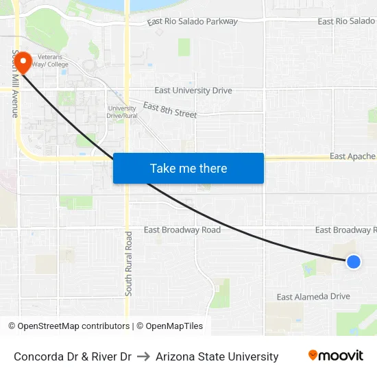 Concorda Dr & River Dr to Arizona State University map