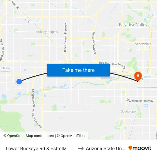 Lower Buckeye Rd & Estrella Town Center to Arizona State University map