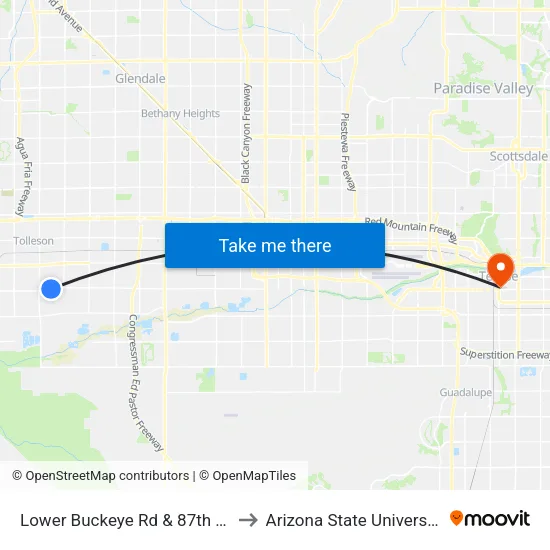 Lower Buckeye Rd & 87th Av to Arizona State University map