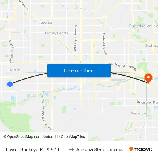 Lower Buckeye Rd & 97th Av to Arizona State University map