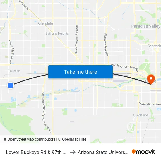 Lower Buckeye Rd & 97th Av to Arizona State University map