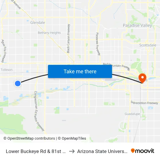 Lower Buckeye Rd & 81st Av to Arizona State University map