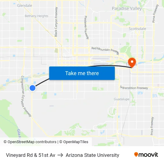 Vineyard Rd & 51st Av to Arizona State University map