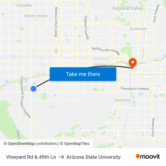 Vineyard Rd & 49th Ln to Arizona State University map