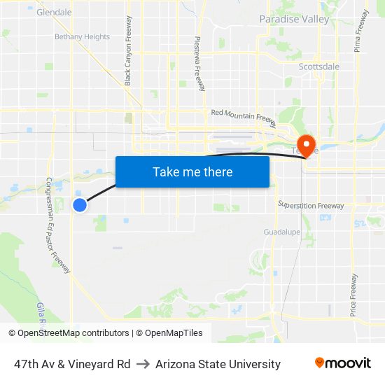 47th Av & Vineyard Rd to Arizona State University map