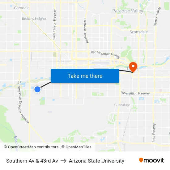 Southern Av & 43rd Av to Arizona State University map