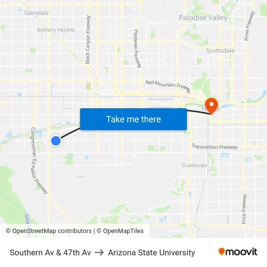 Southern Av & 47th Av to Arizona State University map